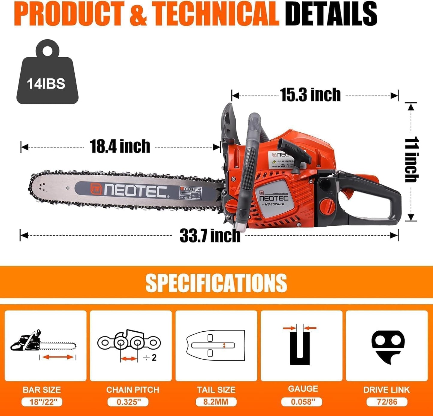 62CC Gas Powered Chainsaw 18 22 Inch Bars Handheld Cordless Ergonomic Chainsaws 2-Cycle Petrol Gas Chain Saw for Backyard Storm Cleanup Tree Cutting Firewood Wood