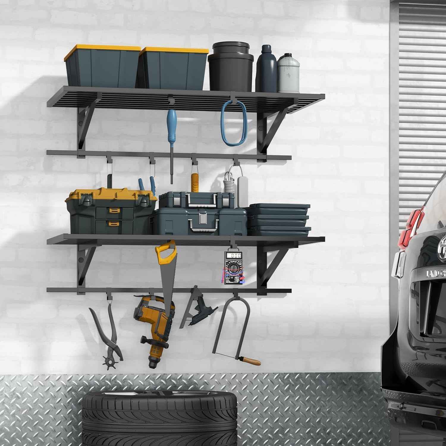 2-Pack 2x4ft Garage Shelving Wall Mounted, Heavy Duty Garage Storage Shelves with 12 Hooks, 2' x 4' Wall Mount Shelves with 500LBS Capacaity