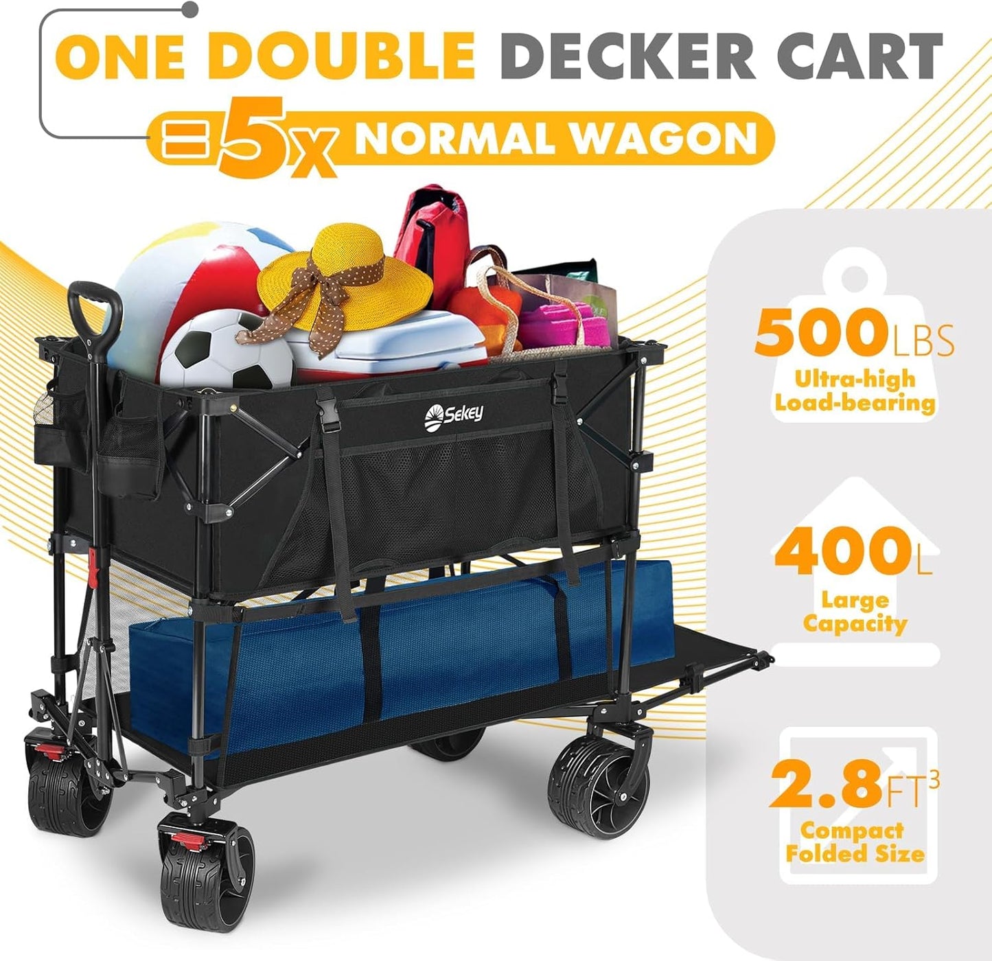 400L Large Capacity Folding Double Decker Wagon with Brakes, 48" Extra Long Extender Cart, 500lbs Heavy Duty Collapsible Wagons, All-Terrain Big Wheels for Camping, Sports, Shopping. Black