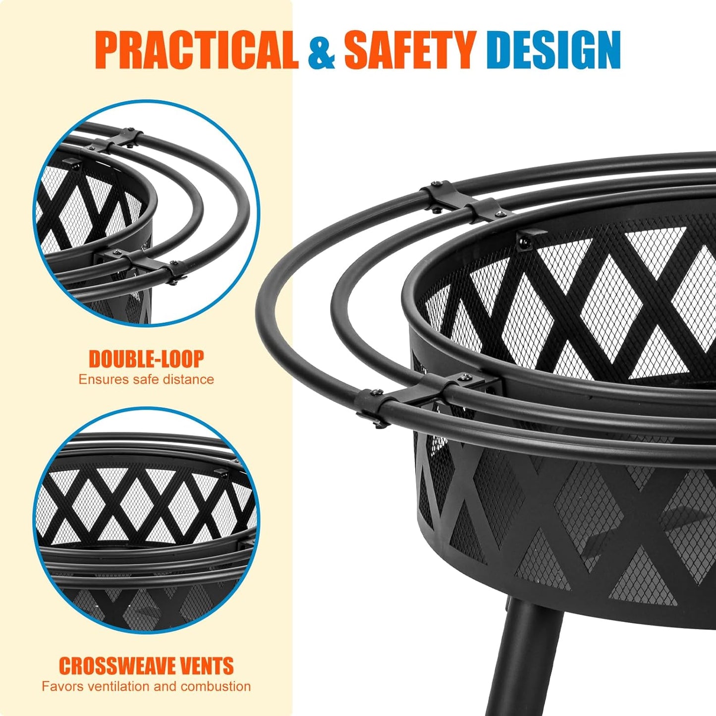 36 Inch Wood Burning Fire Pit with 2 Loops, Outdoor Fire Pit with Spark Screen & Fire Poker, Cross Weave Firepit for Outside Fireplace Bonfire for Yard,Patio, Garden