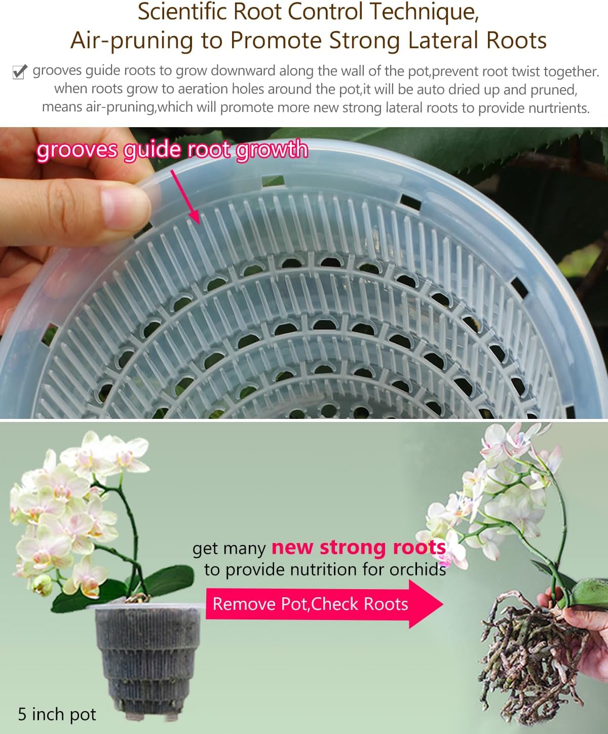 5 inch Orchid Pots with Holes for Repotting with Excellent Airflow, Set of 2, Double Layer Plastic Imitate Ceramic Orchid Planter, Clear Orchid Pot Match Decorative Orchid Container