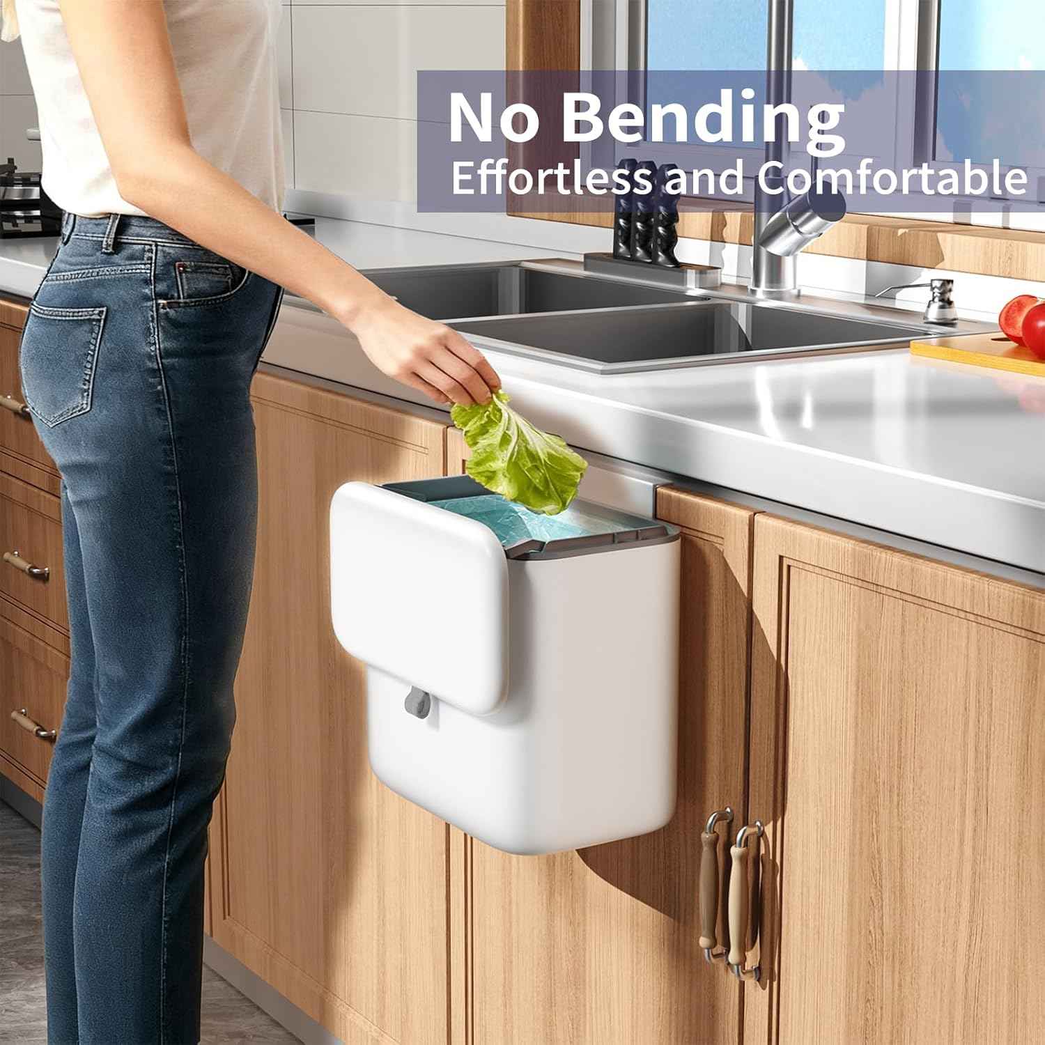 Compost Bin Kitchen for Countertop or Under Sink, 2.6 Gallon Hanging Small Trash Can with Lid, Garbage Can for Cabinet Door, Indoor/outdoor Food Waste Bin for Kitchen, Bathroom, RV, Office, White