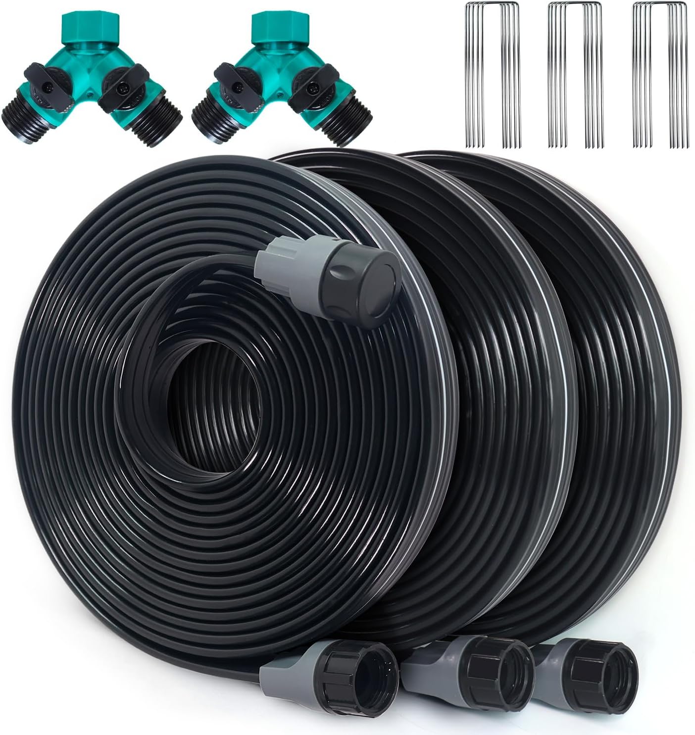 Sprinkler Hose with Holes 75 Ft (25 ft 3pack), Flat Soaker Hose 75 ft with Garden Staples and Splitters, Drip Line Irrigation Hoses for Lawn, Vegetable Watering Hose (75 ft)