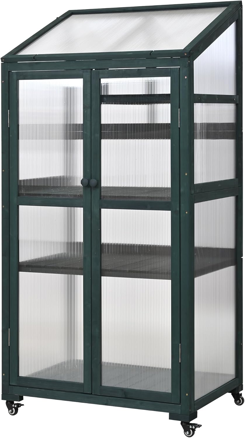 62‘’Wooden Greenhouse, Cold Frame Portable Greenhouse with Wheels and Adjustable Shelves for Indoor Outdoor Patio Balcony Garden, 31.5" Lx22.4 Wx62 H, Green