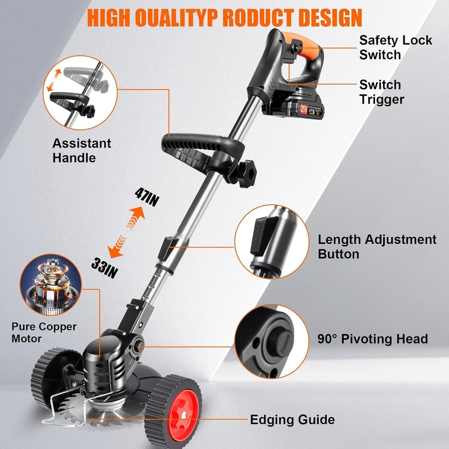 Electric Weed Wacker Cordless, 21V Lightweight Weed Wacker Battery Powered Brush Cutter, 3-in-1 Grass Trimmer/StringlessWeed Trimmer/Edger with Wheels&3Types Blades for Lawn, Garden & Yard