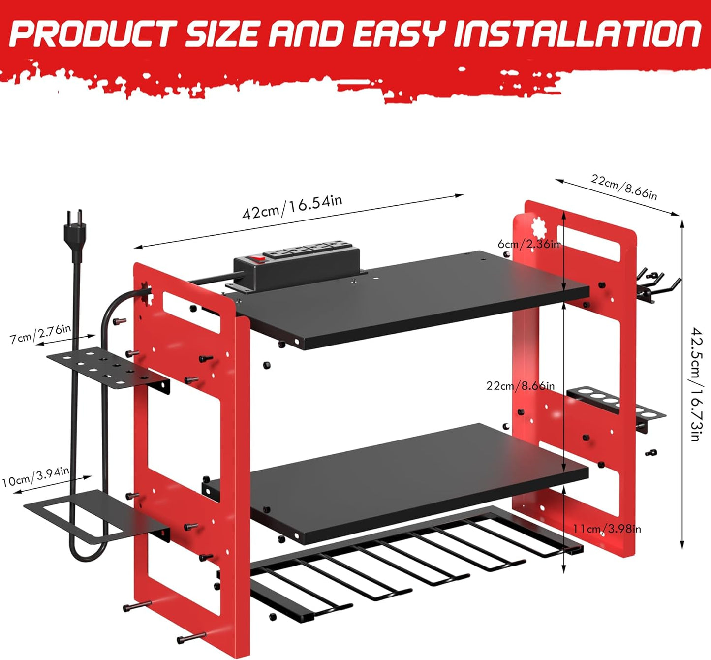 TOPRINCE Power Tool Organizer Wall Mount with Charging Station, 3-Tier Heavy Duty Metal Tool Rack with 4 Drill Holders and 6FT Power Strip, Garage Workshop Storage.Red
