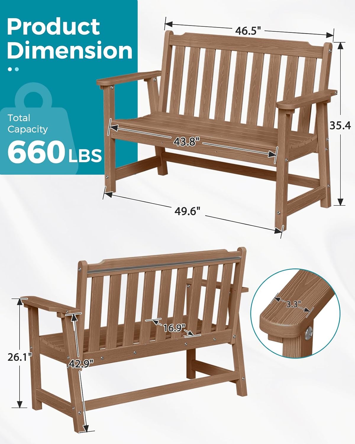 Outdoor Bench, 2-Person HDPE Garden Bench, All Weather Poly Patio Bench for Outdoors, Garden, Backyard, Porch and Park, 660 lbs Weight Capacity, Teak