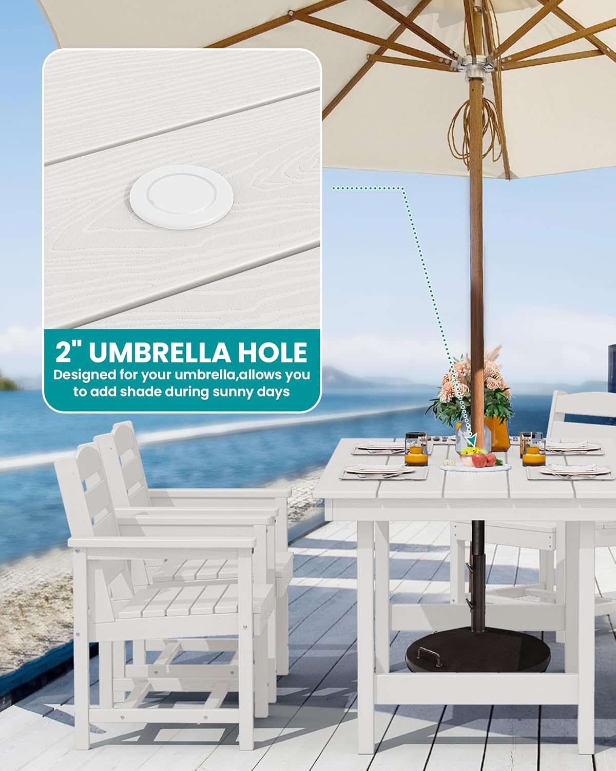 SERWALL Outdoor Dining Set for 6, HDPE Dining Furniture Set with Umbrella Hole Cut-Out Table and 1 Dining Bench and 4 Chairs, All Weather Outdoor Dining Bench Sets, White