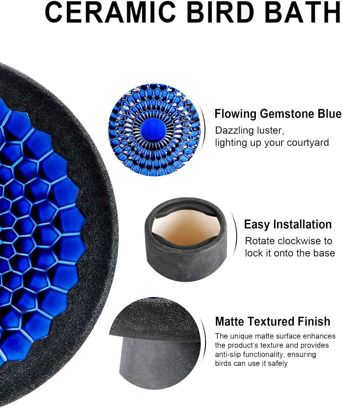 Ceramic Bird Bath for Outdoors – 21.5 Inch Heavy Duty, Diamond Blue Design for Garden & Patio Décor, Perfect for Bird Watching & Outdoor Spaces