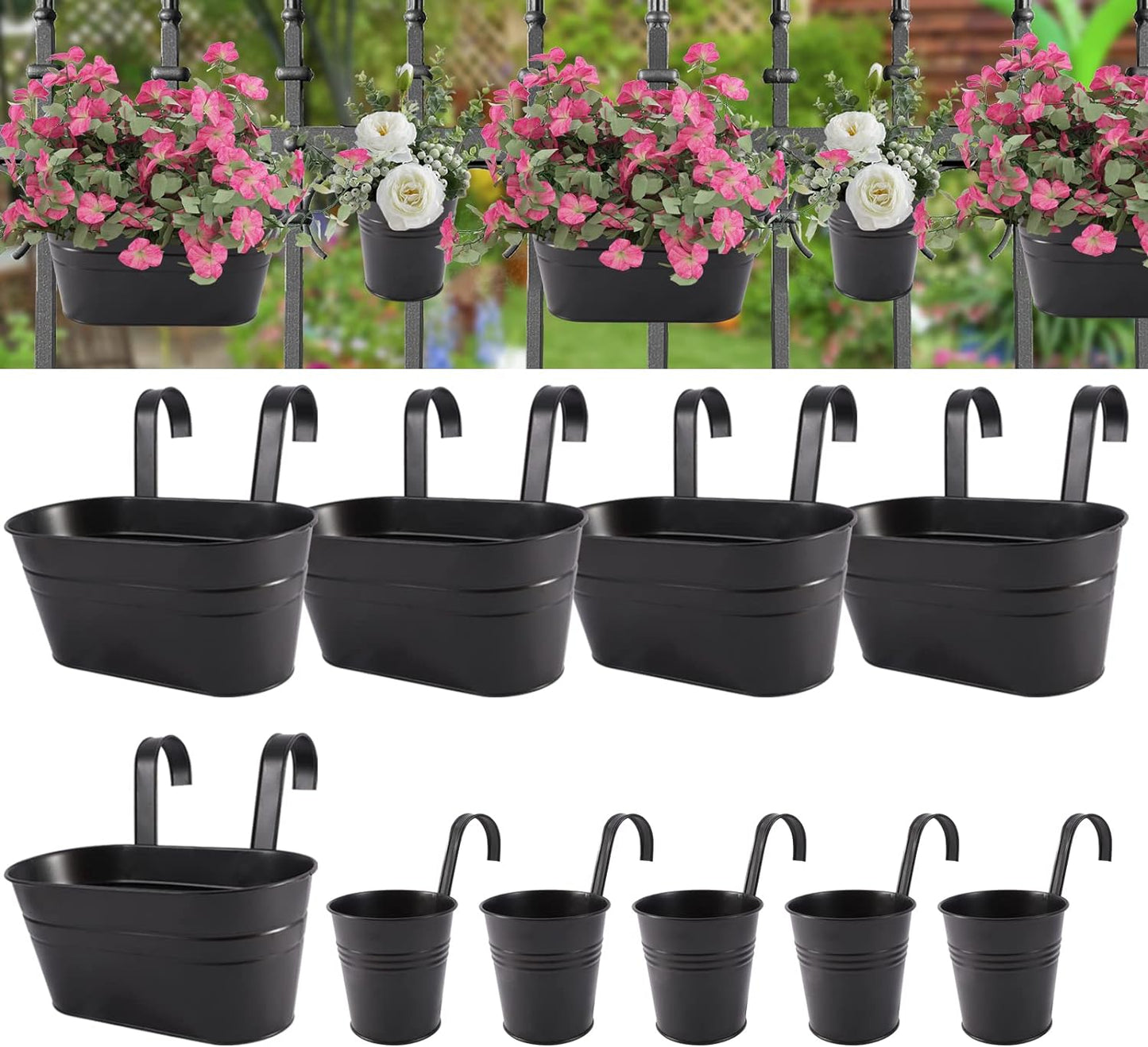 Metal Iron Flower Pots for Railing Fence Hanging Bucket Pots(5 Pcs) and Hanging Flower Pots Metal Iron Bucket Planter(10 Pcs) (Black)