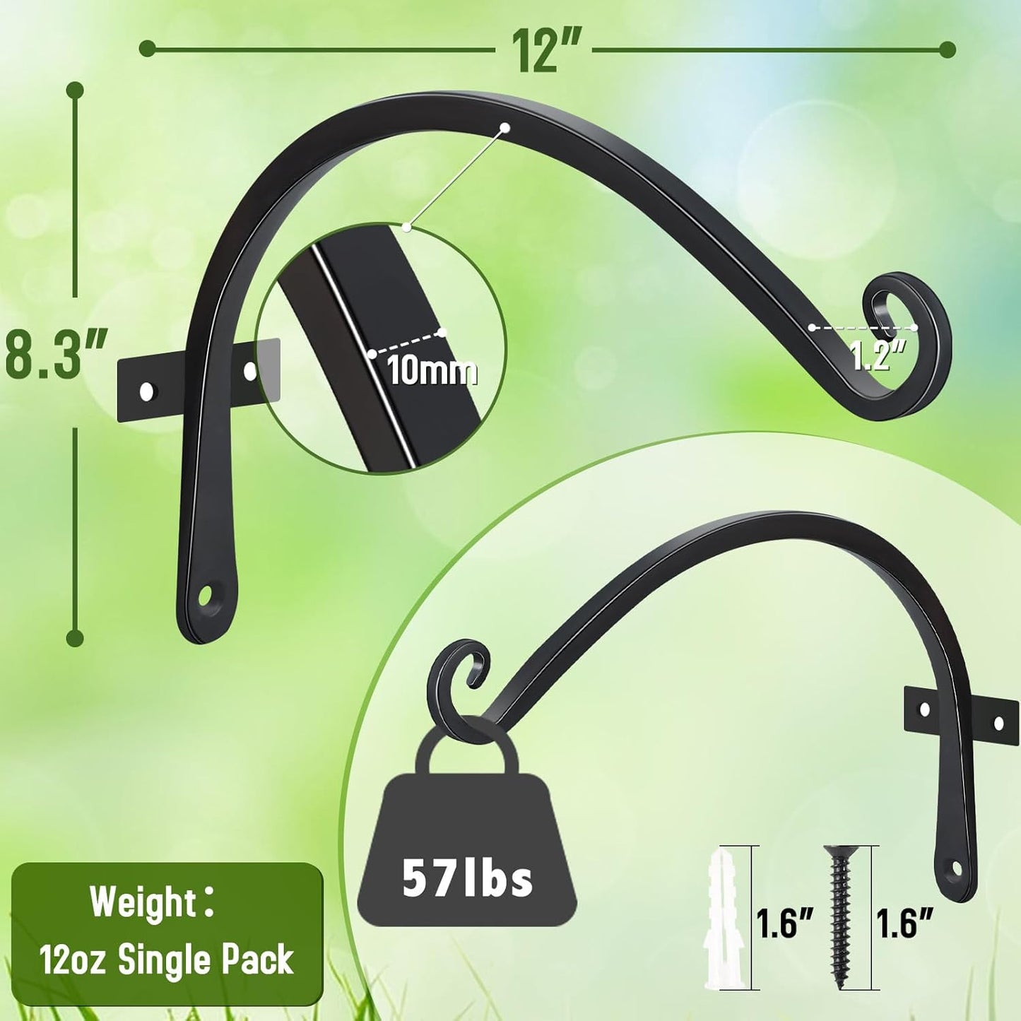 FEED GARDEN 2 Pack 12 Inch Hanging Plant Bracket Wall Hooks Decorative Plant Hangers for Outdoor Hanging Bird Feeders, Wind Chimes, Plant Baskets, Black
