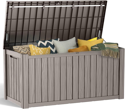 150 Gallon Resin Deck Box, Lockable Patio Outdoor Storage Box for Furniture, Garden Tools and Tools Storage, Waterproof Outside Storage Boxes - Grey