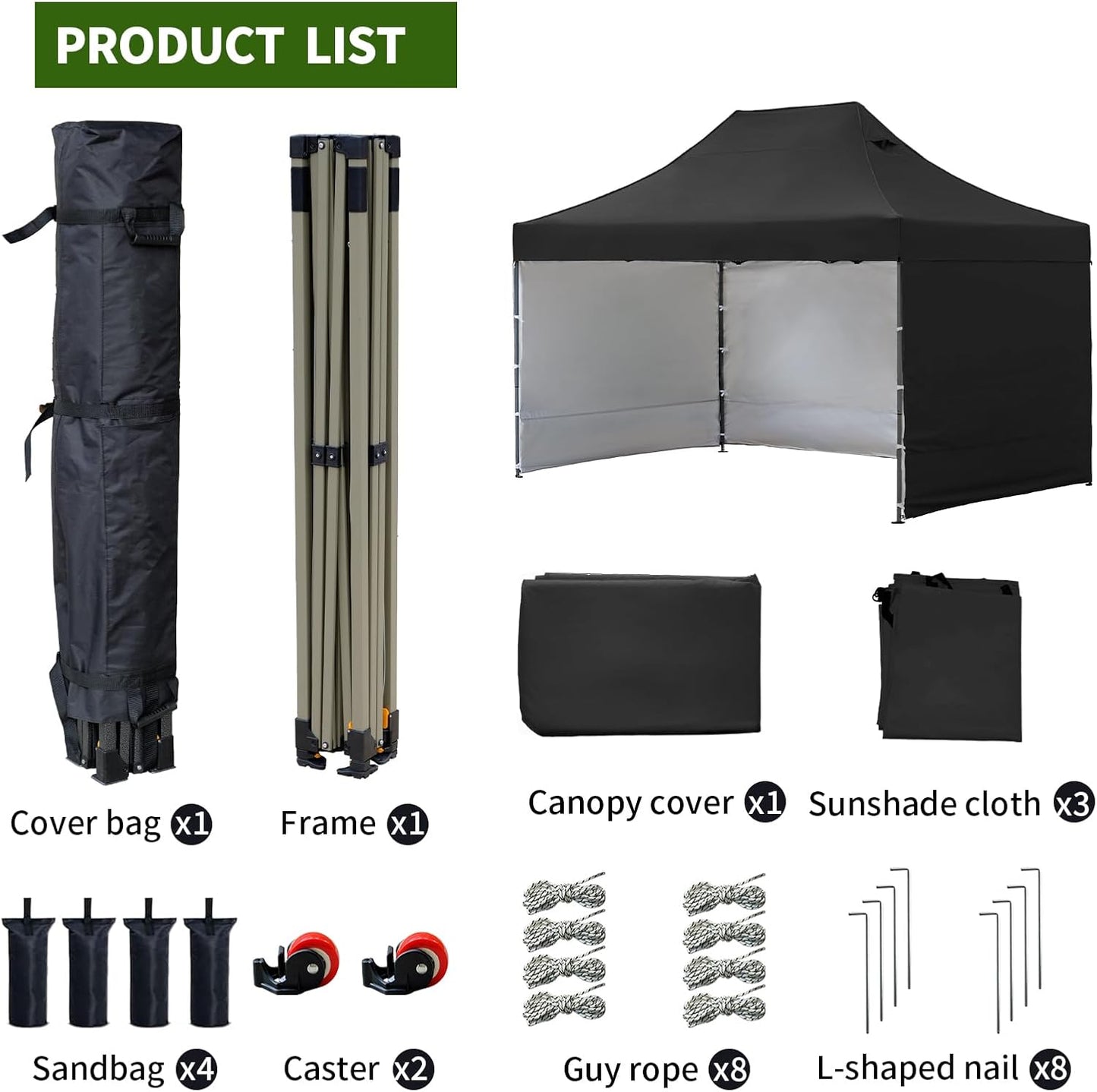 10x15 Heavy Duty Pop Up Canopy Tent, Outdoor Commercial Easy Up Canopy Outdoor Party Tents with 3 Removable sidewalls and Wheeled Bag for Events, Parties, Weddings(Black)