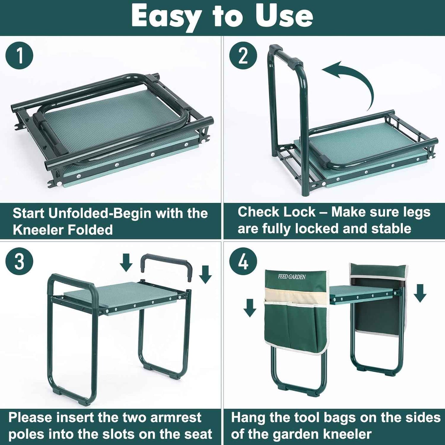 FEED GARDEN Garden Kneeler and Seat, Upgraded Foldable Gardening Stool with 10.23" Wide Kneeling Pad, Heavy Duty Gardening Bench Chair with 2 Tool Pouches, Gardening Gifts for Seniors Mom Women Men