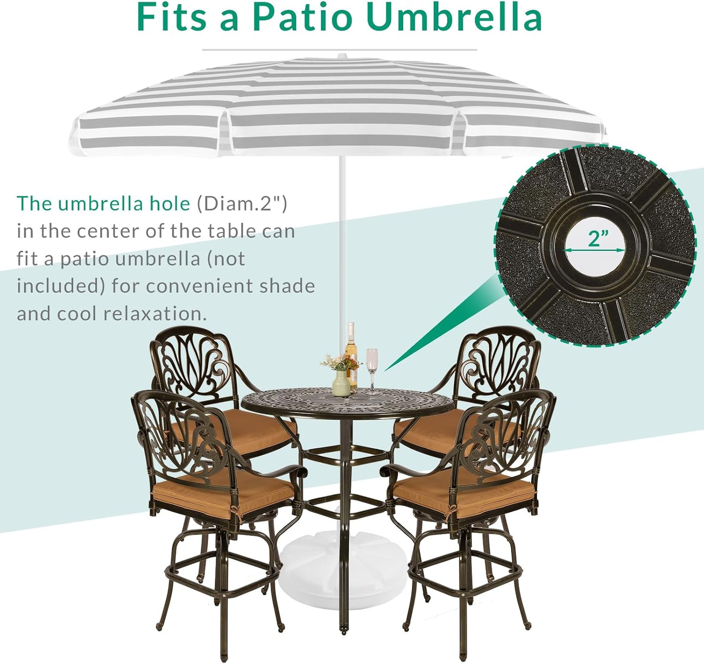 VIVIJASON 5-Piece Patio Swivel Bar Stools Set, All Weather Cast Aluminum Outdoor Bar Height Bistro Set with 4 Cushioned Bar Chairs & 38.5" High Bar Table w/Umbrella Hole for Backyard, Lawn, Garden