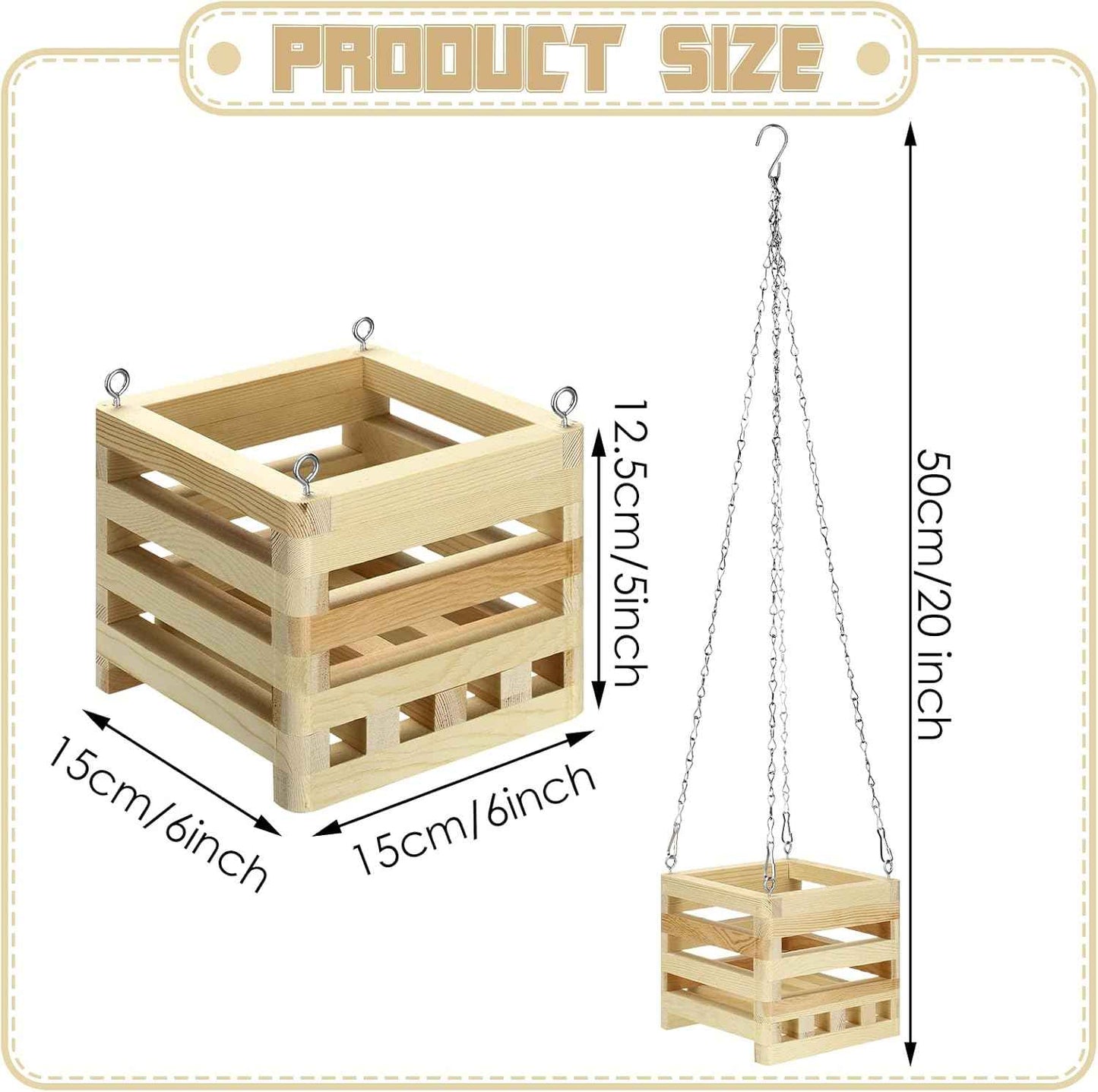 Bucherry Wooden Hanger Orchid Basket 6 Inches with Hangers Rustic Wood Hanging Orchid Planter Square Basket for Indoor or Outdoor Flower Planter with 20 Inches Hanger Chain(1 Set,6 Inch)