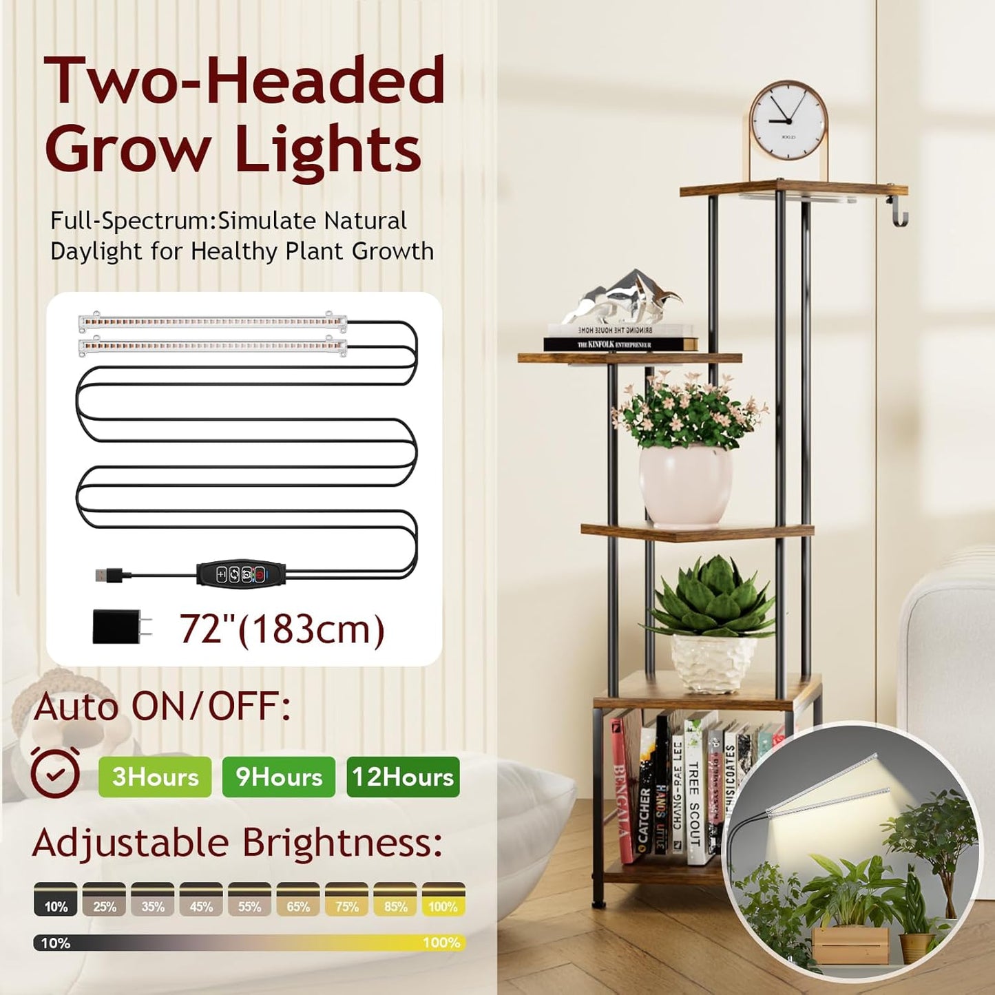 Plant Stand Indoor with Grow Light, 5-Tiered Tall Plant Stand Indoor, Metal Plant Shelf with Hanging Basket Hook and Adjustable Light, Ideal for Living Room, Garden, Patio,Brown and Black（2 pcs ）