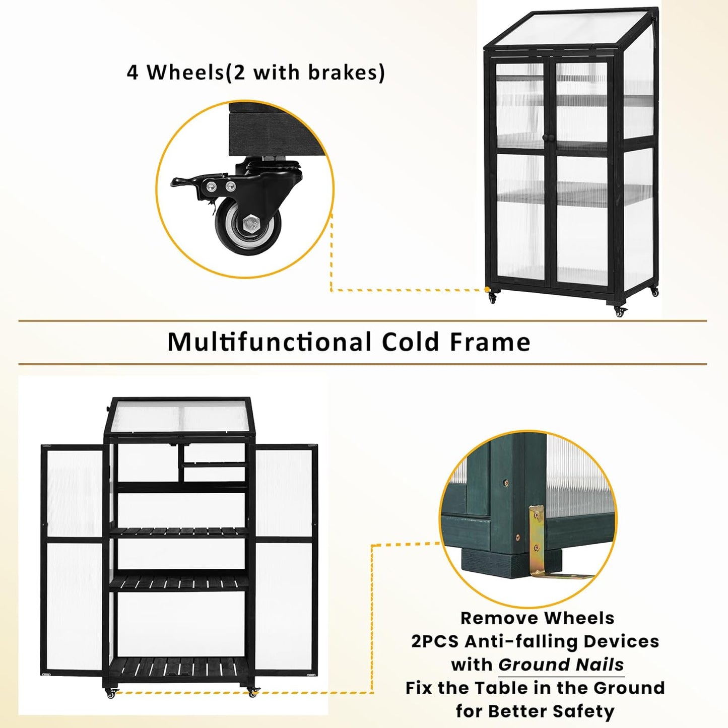 UMISOL 62" H Wooden Greenhouse, Balcony Portable Cold Frame with Wheels and Adjustable Shelves, Large Greenhouse for Outdoor Indoor Use, Black