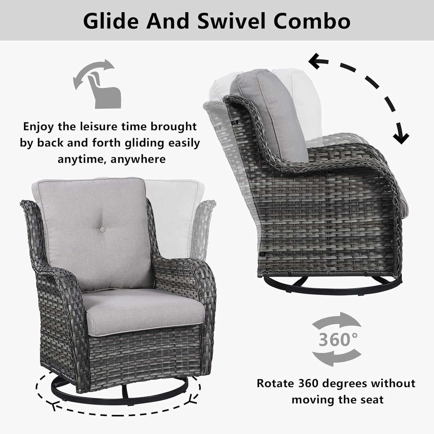 Wicker Outdoor Furniture Patio Furniture Set - 6 Piece Patio Conversation Set with Swivel Rocker Chairs, Loveseat Sofa, Ottomans and Coffee Table, Gray Cushion