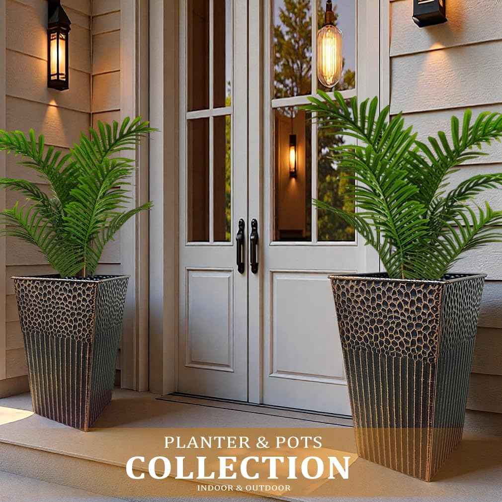 2 Pcs Pack Metal Tall Tapered Planter Pots Steel Large Square Planter Flower Pot with Drainage Holes for Indoor Outdoor Deck Porch Garden Home Patio Front Door (Antique Copper, 17" H.)