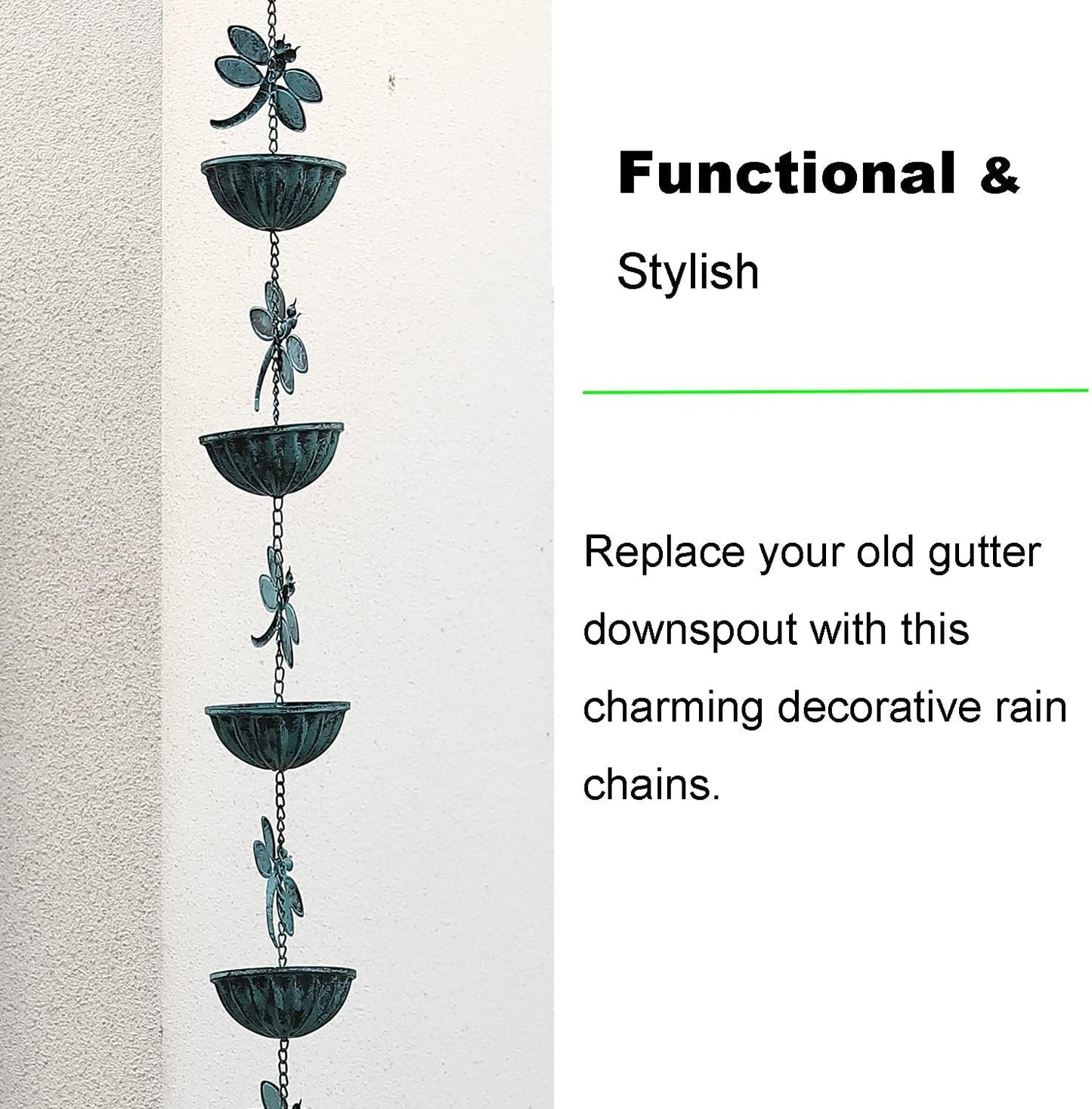 Iron Dragonfly Rain Chain for Gutters, 8.5-Feet Length, Distressed Blue