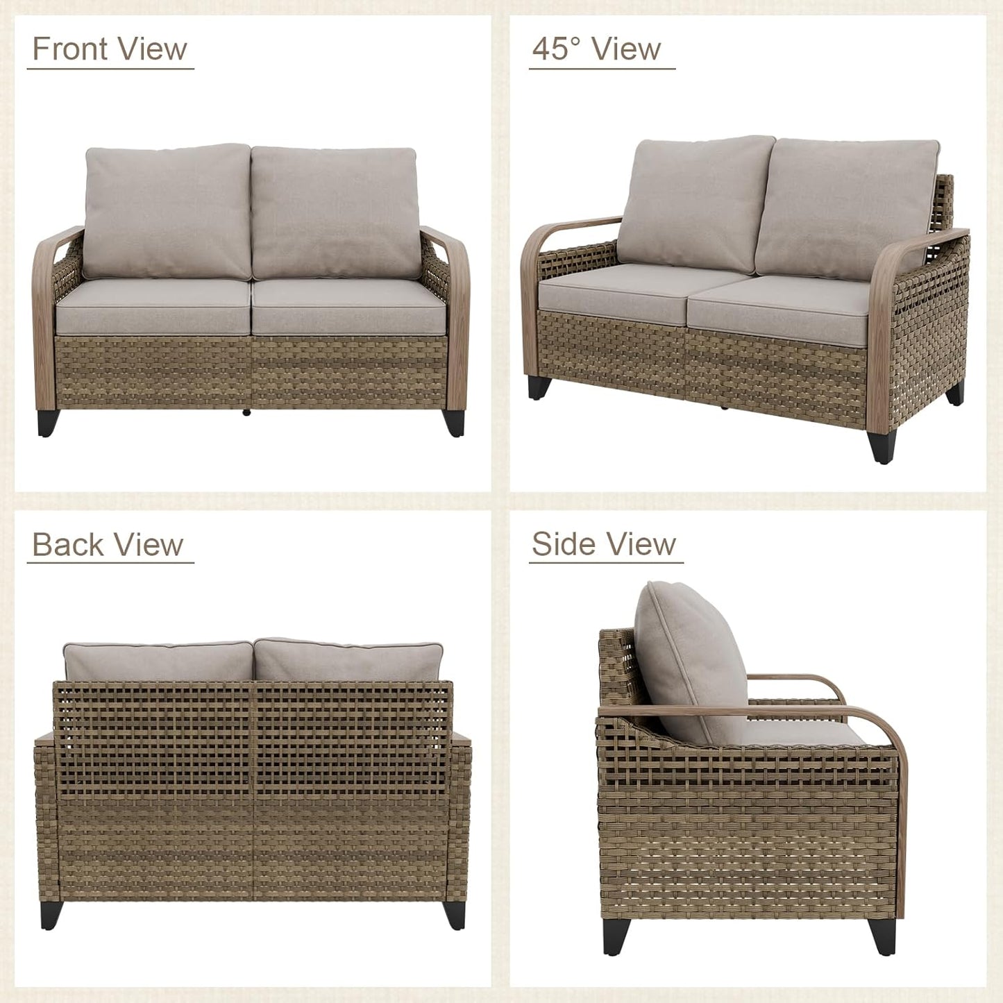 Modern Wicker Patio Sofa, Rattan Outdoor Loveseat for Small Balcony, 2 Seat Loveseat Furniture Set for Garden Deck Backyard, Brown/Gray