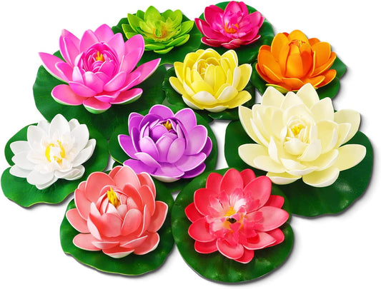 Artificial Lotus Flowers Water Lilies for Pond Pool, 10 Pcs Realistic Floating Foam Lotus Flowers with Lily Pads for Ponds, 4" and 6" Large Lifelike Water Lilies for Fountain Garden Pond Decoration