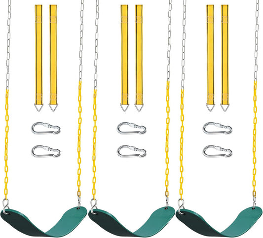 PACEARTH 3 Pack Swings Seats Holds 660lbs with 68.9 inch Anti-Rust Chains Plastic Coated 23.6 inch Tree Hanging Straps and Locking Buckles Playground Swing Set Accessories Replacement - Green