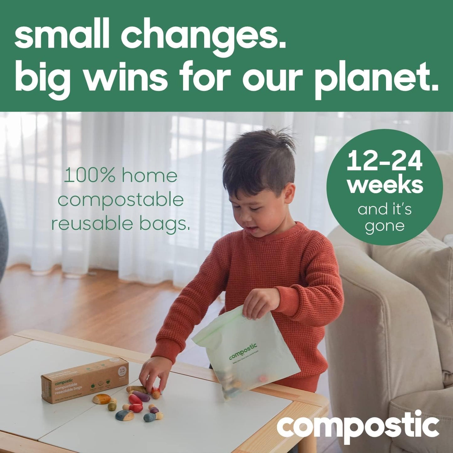 Home Compostable Resealable Snack Bags (6"x 3.5"), Microwave & Freezer Safe, Organic Food Storage Container, 100 Count