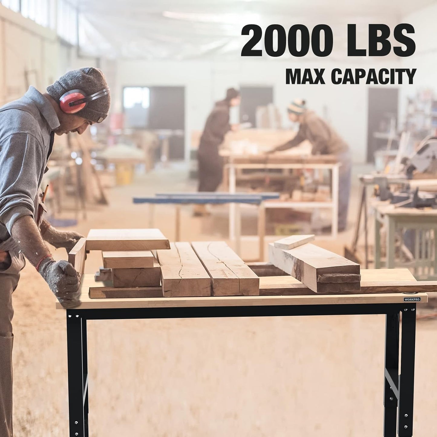 WORKPRO 60" Adjustable Workbench, Rubber Wood Top Heavy-Duty Workstation, 2000 LBS Load Capacity Hardwood Worktable with Power Outlets, for Workshop, Garage, Pack of 10