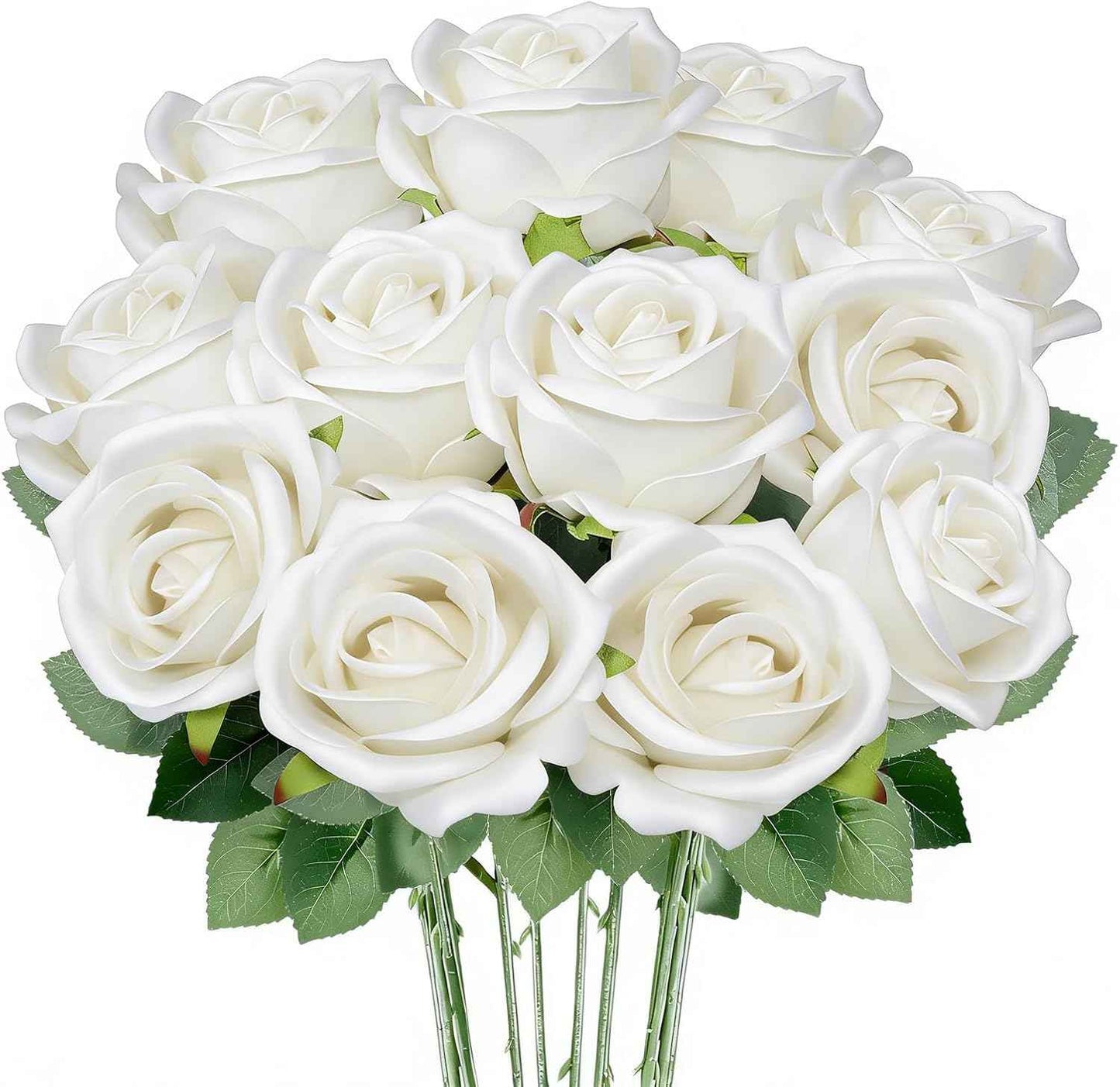 12 Pcs White Roses Artificial Flowers, Real Touch Fake Velvet Flowers with Stems in Bulk for DIY Home Decor, Wedding, Party, Mother's/Valentine's Day Gifts