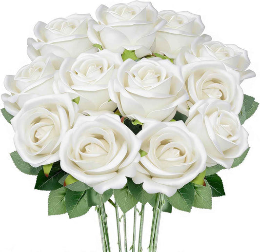 12 Pcs White Roses Artificial Flowers, Real Touch Fake Velvet Flowers with Stems in Bulk for DIY Home Decor, Wedding, Party, Mother's/Valentine's Day Gifts