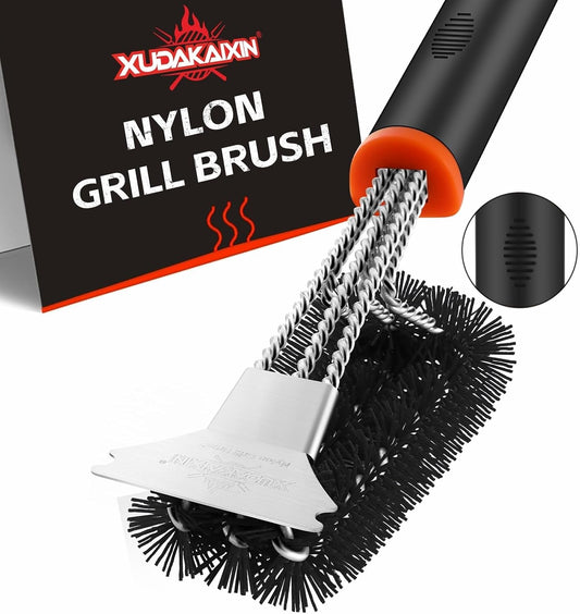 Grill Brush and Scraper, Safe Nylon Bristles Barbecue Triple Scrubbers Cleaning Brush for Cast Iron Grates/Porcelain/Weber Gas/Charcoal Grill，Extra Strong BBQ Cleaner Accessories (Black)
