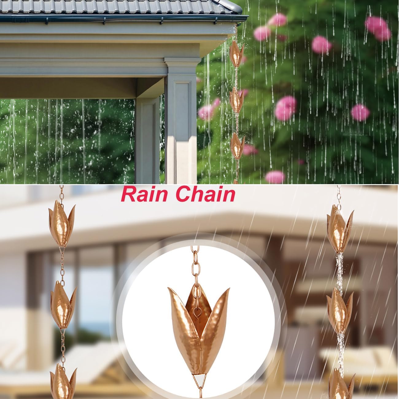 Topadorn Rain Chain Iron Gutter Chains with Rain Collector Thick Iron 12 Leaf Cups 8.5 FT Garden Decoration
