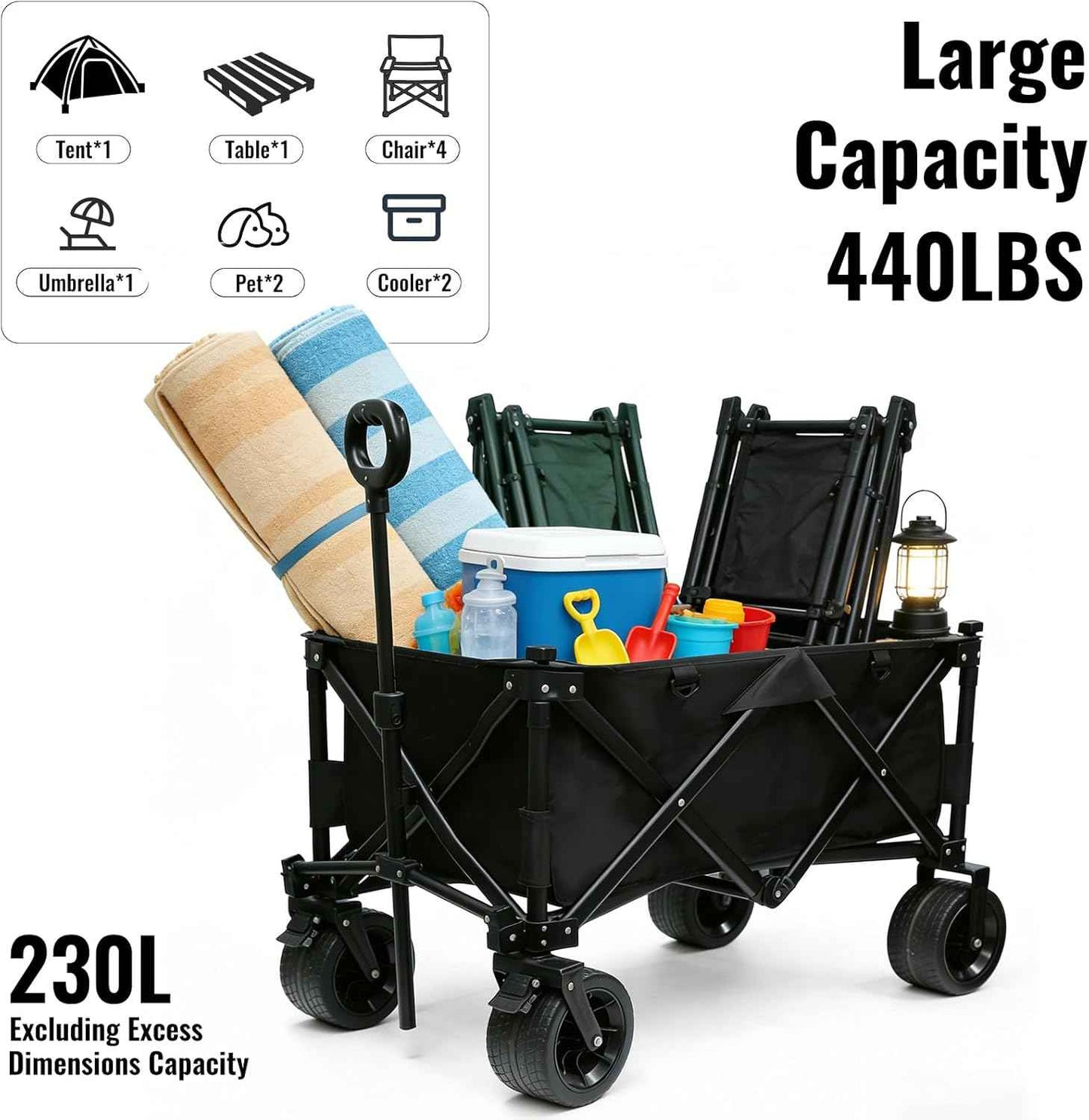 Heavy Duty Collapsible Folding Wagon with Table, 440LBS Capacity Utility Wagon Cart with All-Terrain Wheels, Foldable Beach Camping Wagon for Garden, Sports, Picnics Black
