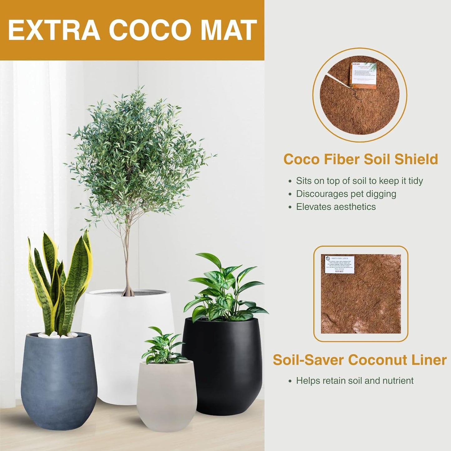 12.5"H x 11.4"D Corso Fiberstone Round Tapered Planter with Drainage Hole, Smooth Finishes, Weather Resistant for Indoor and Outdoor Use, Included 2 Extra Coco Mats (Taupe, 9" Pot Opening)