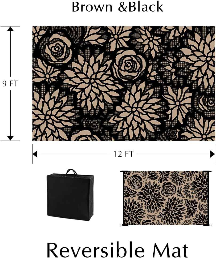 Outdoor Plastic Straw Rug Waterproof Patio 9x12 Black Brown Floral Mat for Porch Camping RV Balcony Deck Courtyard Reversible Lightweight Durable Portable Carpet