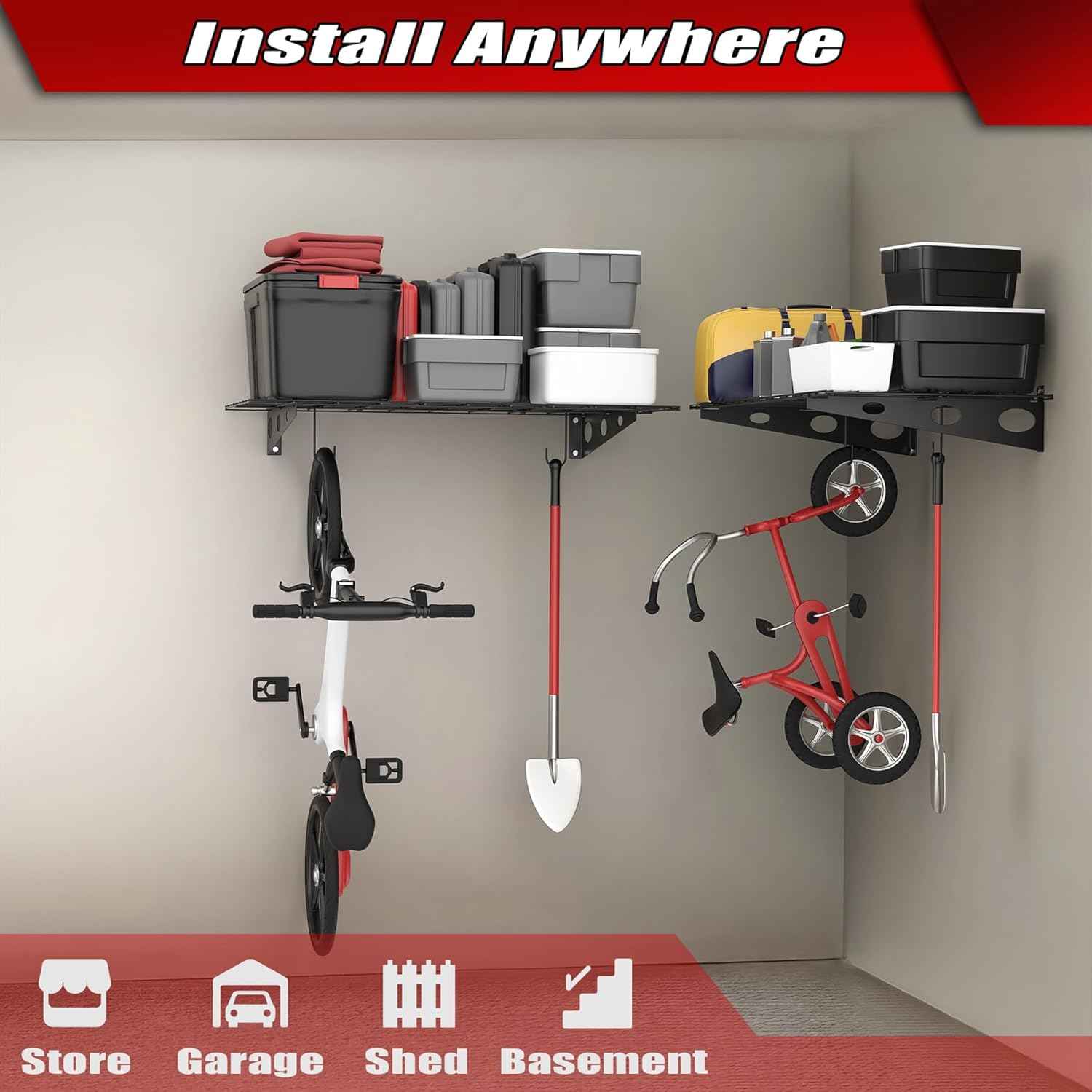 WALMANN 2 Pack Garage Wall Shelves, 2 x 4 ft/24 * 48 inch Wall Mounted Storage Shelves for Garage Heavy Duty Wall Shelving, Holds Up to 220 lbs(Black)