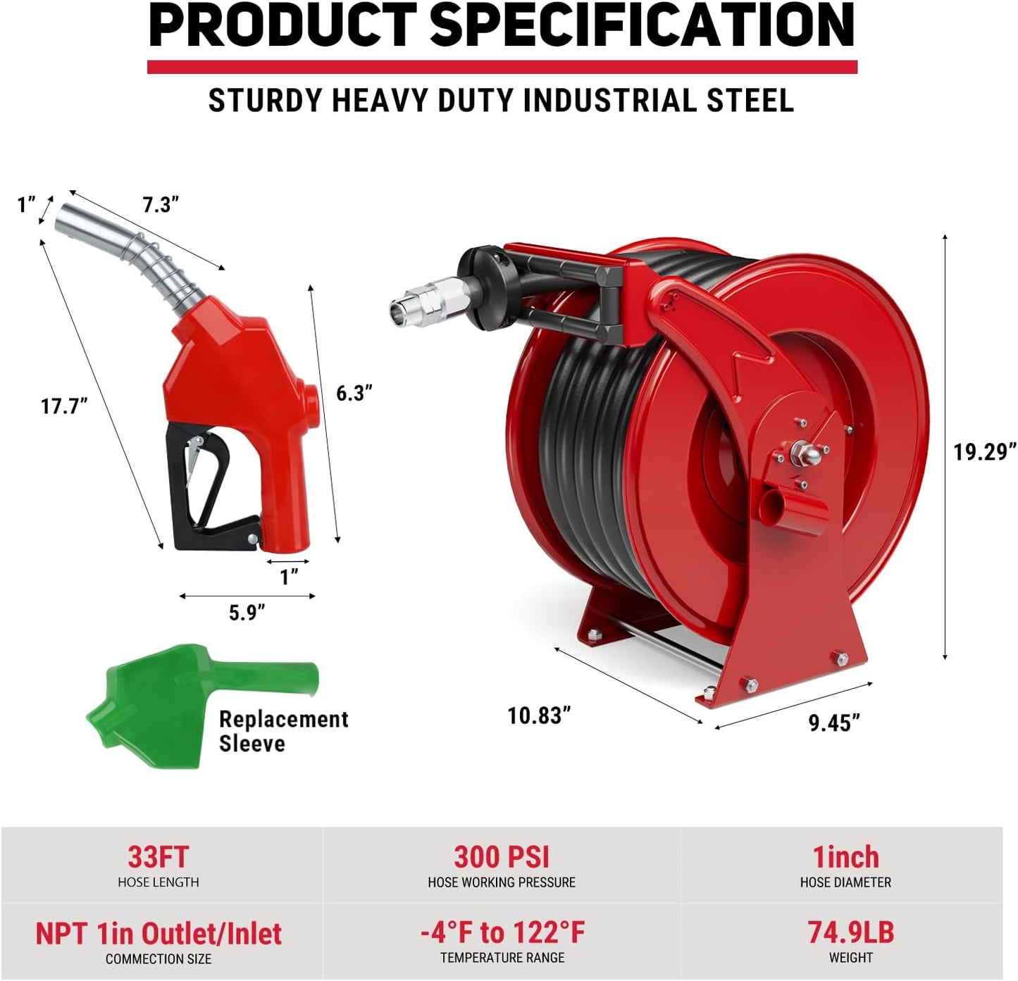 Retractable Diesel Fuel Hose Reel - 1 inch x 33ft Spring Driven Auto Swivel Rewind Hose Holder Reel with Fueling Nozzle, 300 PSI Industrial Steel for Aircraft Ship Vehicle Tank Truck, Red