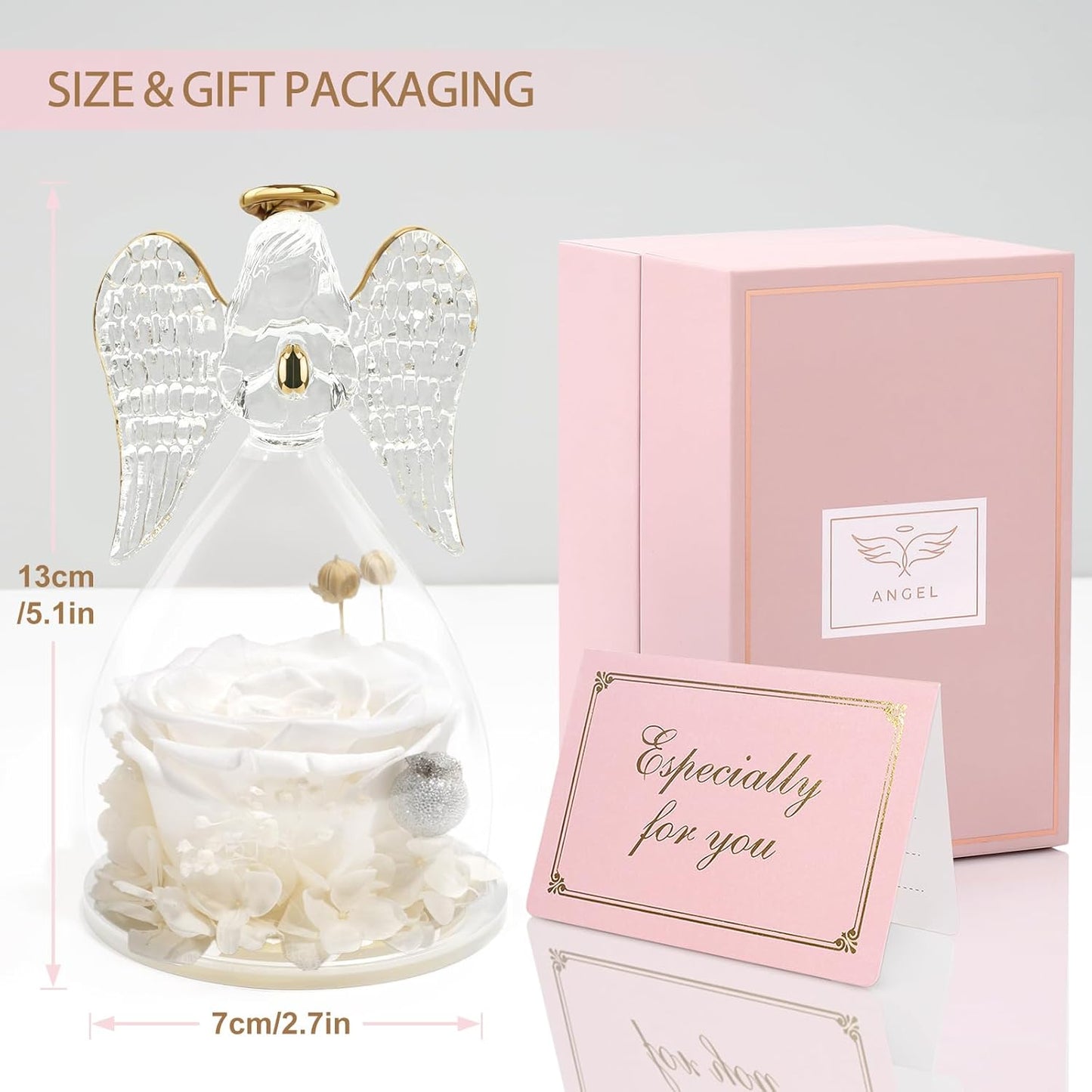Yamonic Birthday Gifts for Women, Angel Figurines with Real Rose Gifts for Her Mom Grandma,Preserved Flowers Rose Angel Figurines for Mothers Day Christmas Anniversary Birthday Gifts for Her (White)