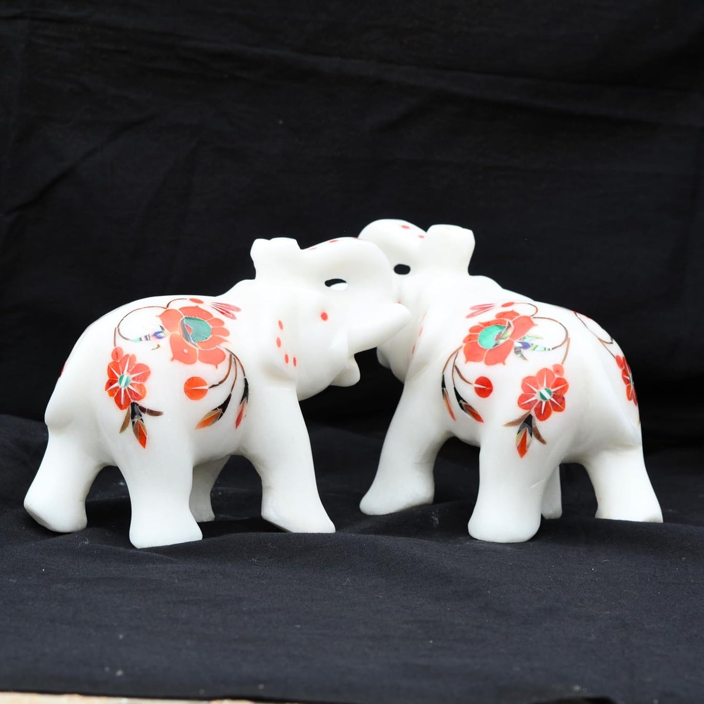 Marble Inlay Elephant Statue 4" Inch (2 Piece) Hakik Stone Inlay Work Semi Precious Stone - Hand Carved Artistic Sculpture Perfect for Home & Office Decor Elegant Decor for Any Space