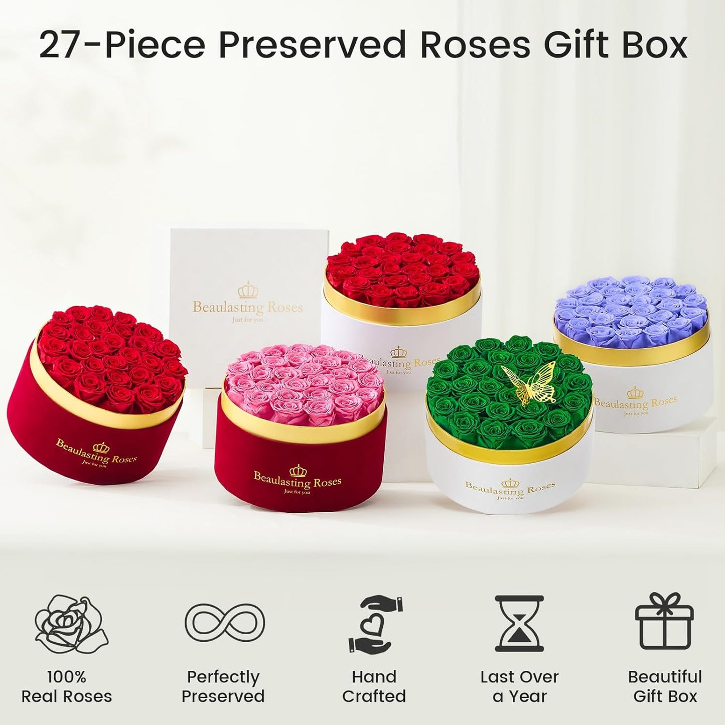 Preserved Roses Forever Flowers Real Roses in a Box Mother's Day Birthday Flowers for Her Mom Women Wife Valentine's Day, Green, 27 Piece