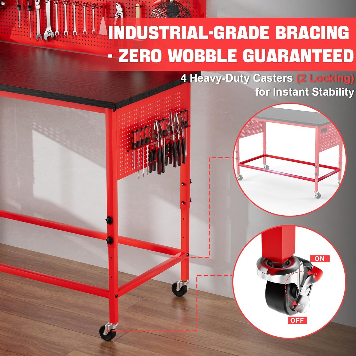 47" Heavy Duty Adjustable Workbench with Power Outlets, Pegboard & Locking Wheels - 2100LB Capacity Garage Work Table, Compatible with Milwaukee Battery, Reinforced Steel Frame for Workshop & Home Use