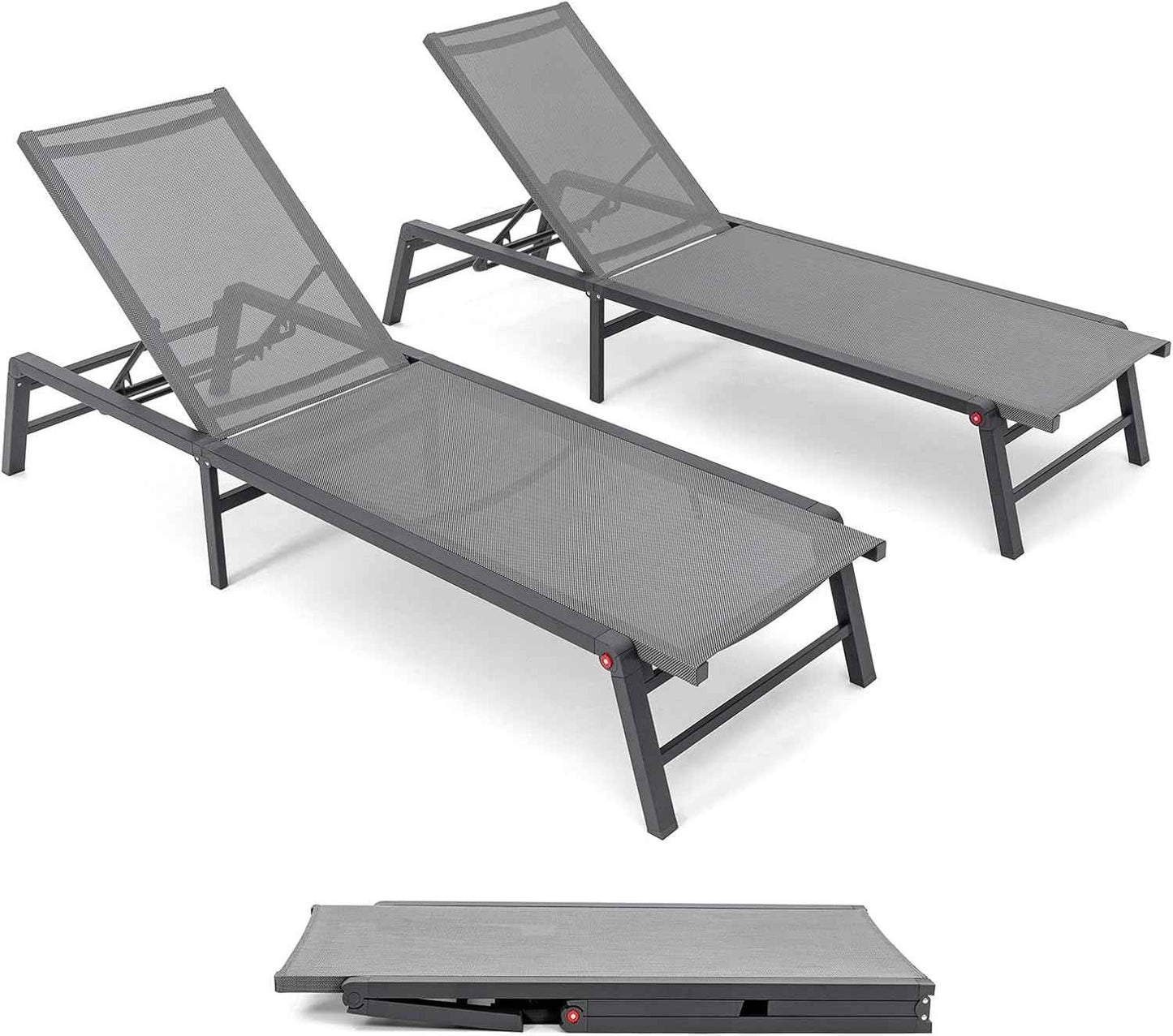 Aluminum Chaise Lounge Outdoor, Foldable & Assemble-Free Lounge Chair Outdoor Set of 2, Lounge Chair with 5 Adjustable Backrest, Patio Lounge Chair for Outside, Poolside, Beach, Pool, Grey