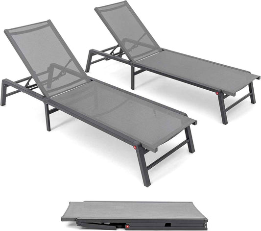Aluminum Chaise Lounge Outdoor, Foldable & Assemble-Free Lounge Chair Outdoor Set of 2, Lounge Chair with 5 Adjustable Backrest, Patio Lounge Chair for Outside, Poolside, Beach, Pool, Grey