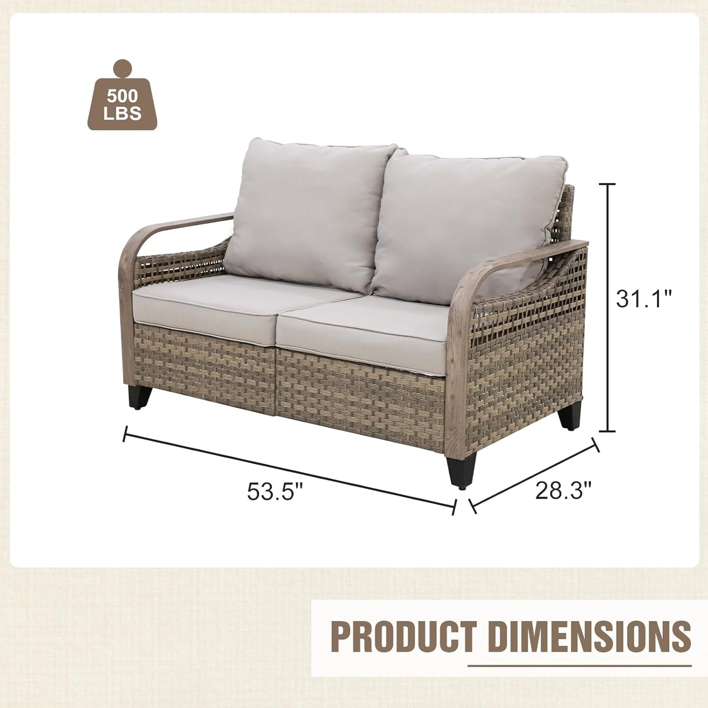 Modern Wicker Patio Sofa, Rattan Outdoor Loveseat for Small Balcony, 2 Seat Loveseat Furniture Set for Garden Deck Backyard, Brown/Gray