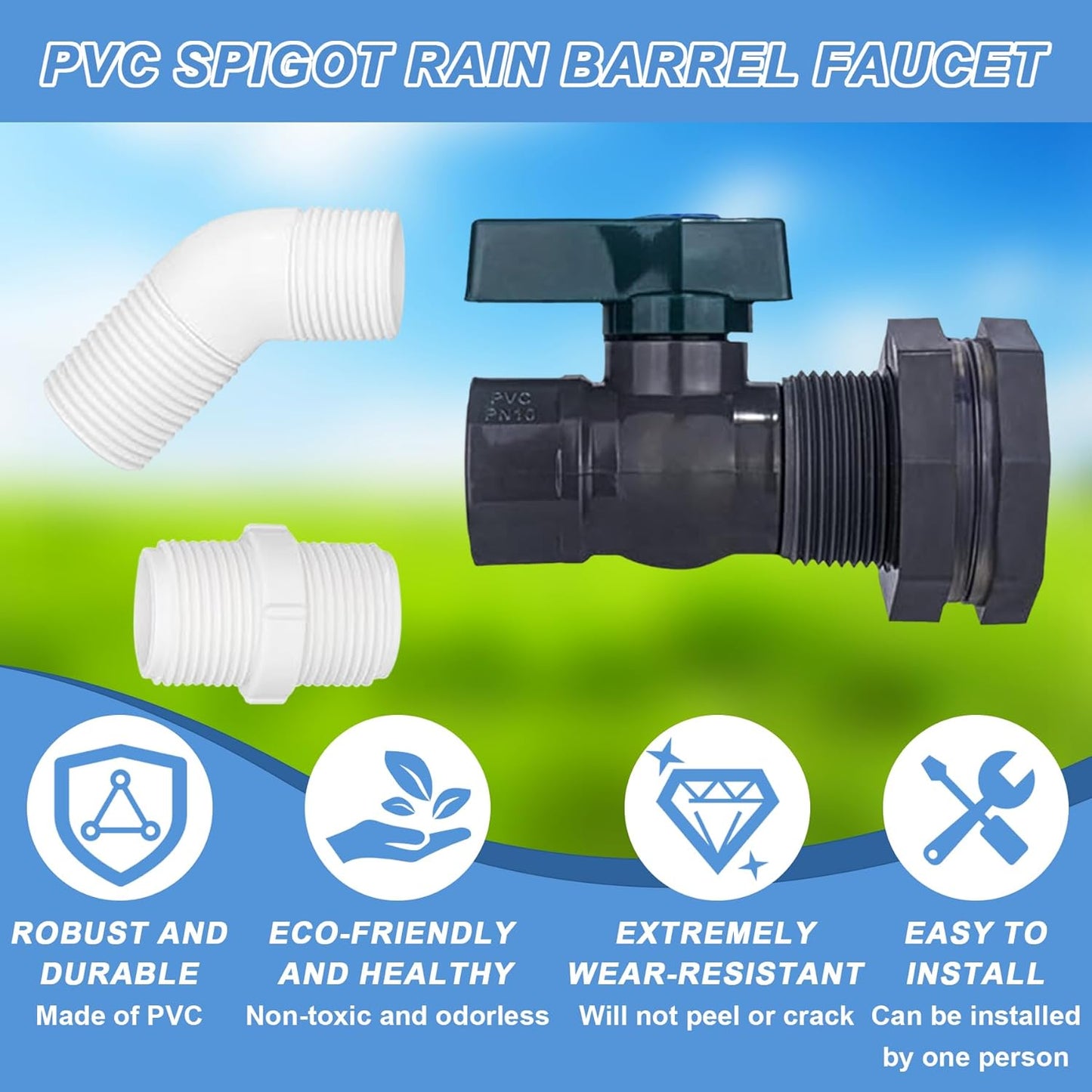 2 Pack PVC Rain Barrel 45°Elbow Spigot Kit, 3/4 Inch Rain Barrel Valve with Bulkhead Connector and Hose Adapter, Garden Faucet Kit for Water Tanks, Aquariums, Pools, Garden Barrels