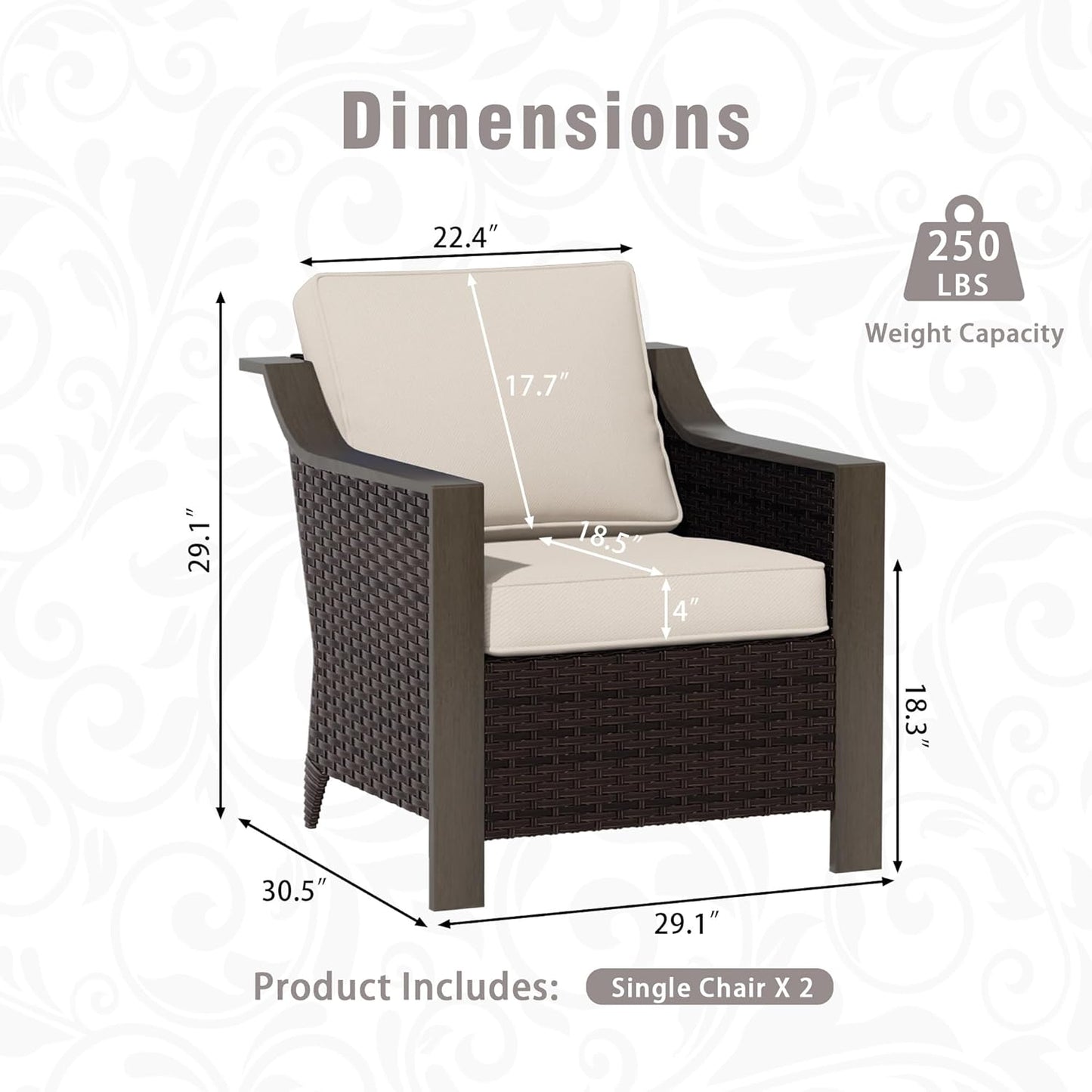 Outdoor Wicker Chair Set of 2, All-Weather Use Patio Rattan Chair with Removable Water-Resistant Cushion, Ideal for Porch, Backyard, Balcony, Poolside, Beige