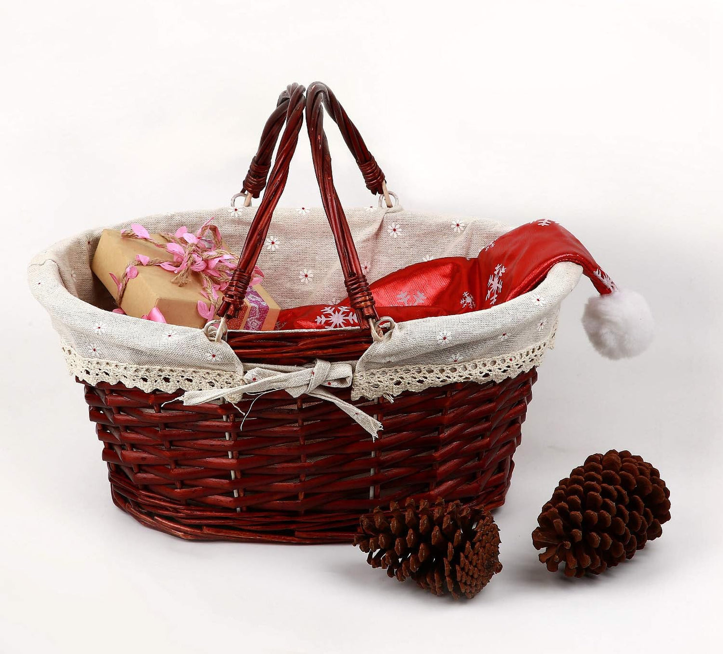 KINJOEK 2 Packs Wicker Woven Basket, Multipurpose Natural Willow Basket with Handle Premium Linen Cotton Cloth Lining for Storage and Decoration, Brown