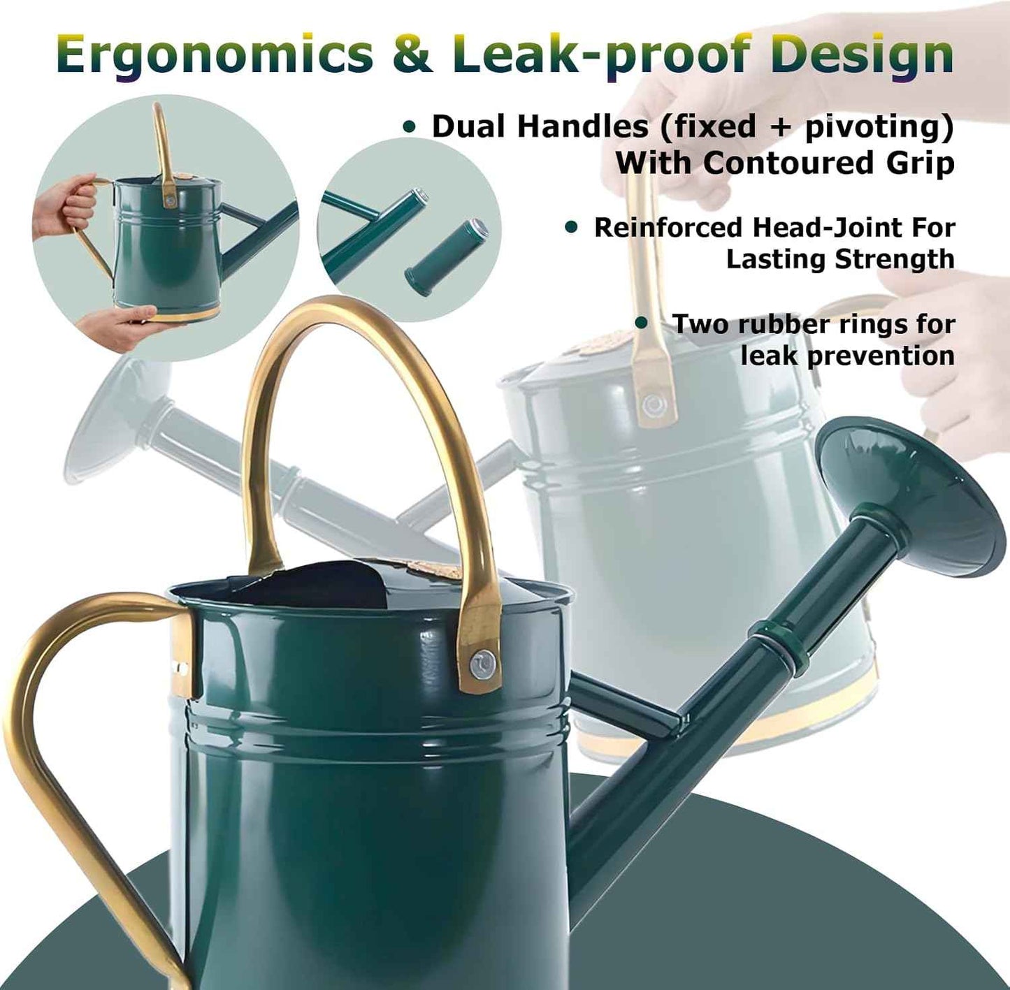 1 Gallon Green Metal Watering Can with Solid Brass Details, Removable Watering Rose, Decorative Garden Can for Indoor Plants, Patio and Greenhouse